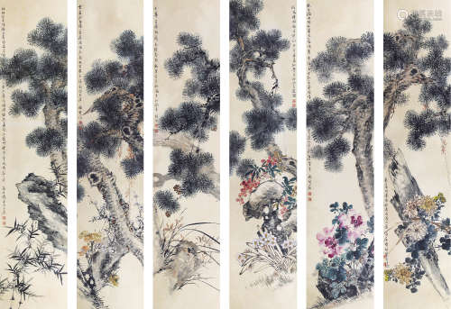 高时臻（1877-1942） 花卉六屏 纸本设色 镜框
