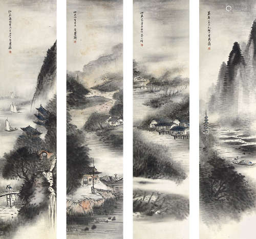 吴石仙（1845-1916） 山水四屏 纸本设色 镜框