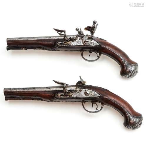 A Pair of 18th Century Double Barrel Flintlock Pistols