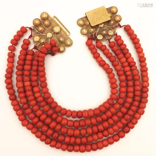 A 19th Century Five Strand Red Coral Necklace