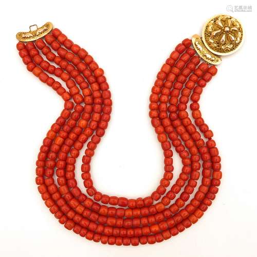 A 19th Century Five Strand Red Coral Necklace