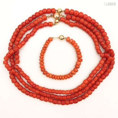 Three Red Coral Necklaces and One Bracelet