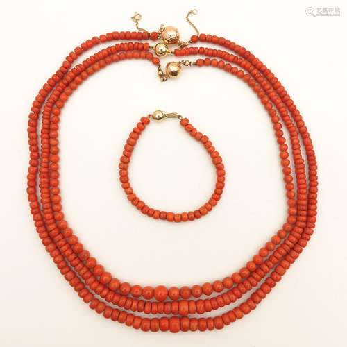 Three Red Coral Necklaces and One Bracelet