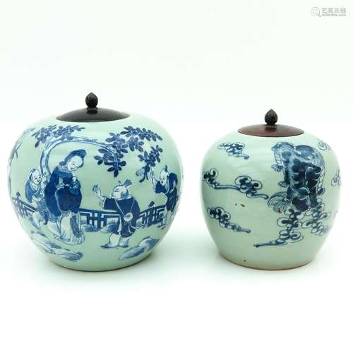 Two Celadon and Blue Ginger Jar