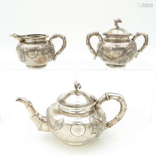 A Three Piece Chinese Silver Tea Service
