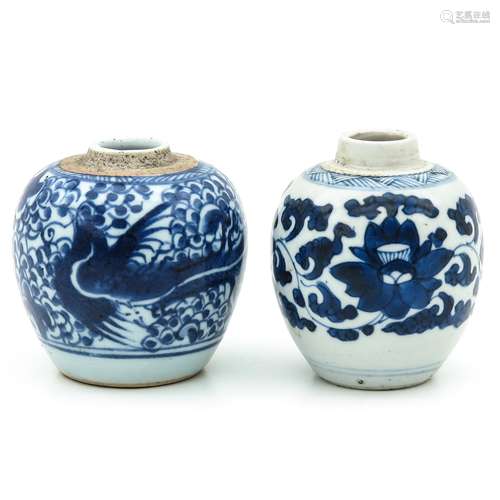 Two Small Blue and White Jars