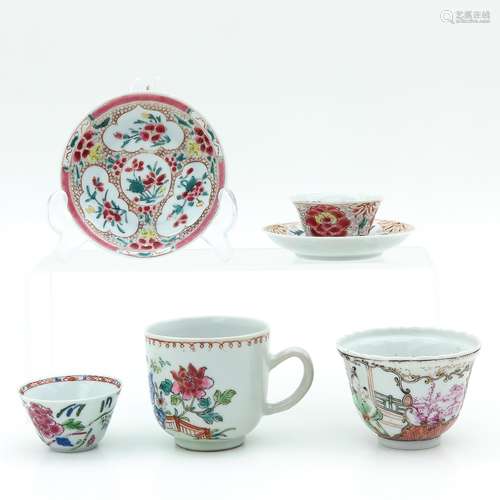 A Collection of Famille Rose Cups and Saucers