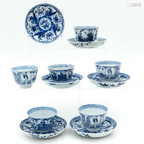 Six Blue and White Cups and Saucers