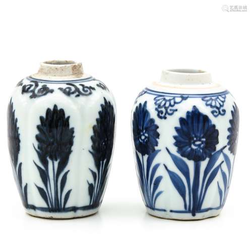 Two Small Blue and White Jars