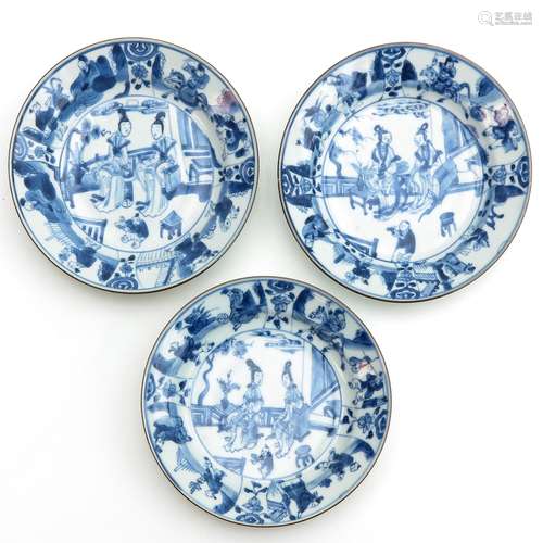 A Series of 3 Small Blue and White Plates