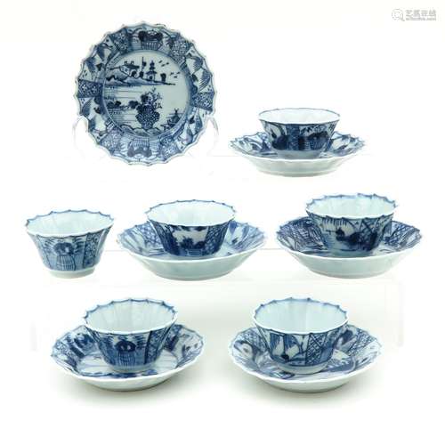 Six Blue and White Cups and Saucers