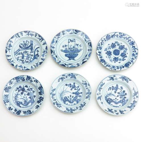 A Collection of 6 Blue and White Plates