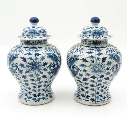 A Pair of Temple Jars with Covers