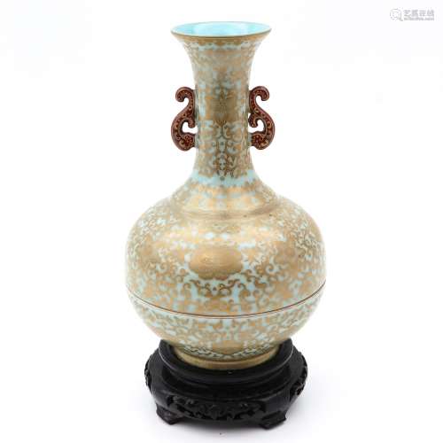 A Celadon and Gilt 2 Piece Vase