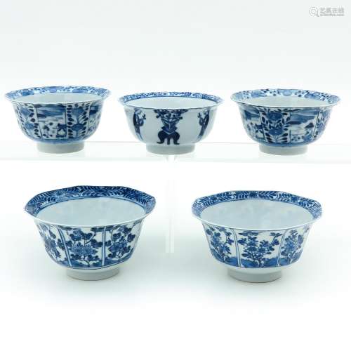 A Collection of Five Blue and White Bowls