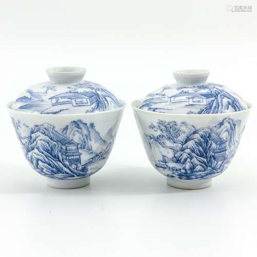 Two Blue and White Cups with Cover