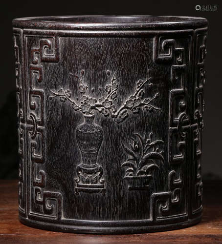 A XIAOYE ZITAN WOOD CARVED BOGU PATTERN BRUSH POT