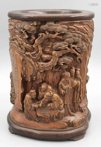 A HUANGYANG WOOD FIGURE STORY PATTERN BRUSH POT