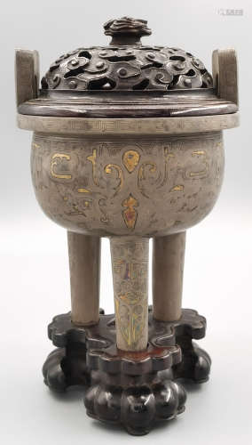 A SILVER WITH GOLD BEAST PATTERN CENSER