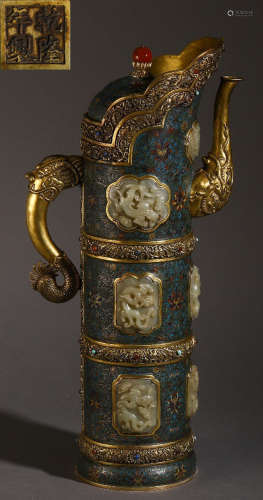 A CLOISONNE WITH JADE LIFTING POT