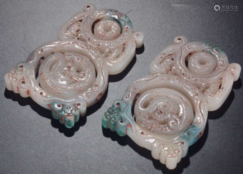 PAIR OF ANTIQUE JADE CARVED DRAGON PATTERN TABLETS