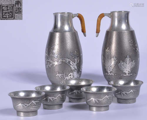 SET OF TIN CASTED FLOWER PATTERN POTS&CUPS