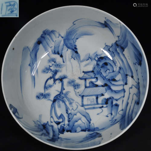 A BLUE&WHITE GLAZE LANDSCAPE PATTERN BOWL