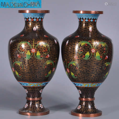 PAIR OF COPPER ENAMELED GLAZE FLOWER PATTERN VASES