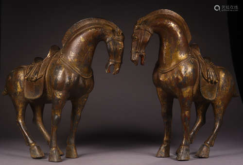 PAIR OF GILT BRONZE CASTED HORSE SHAPE ORNAMENTS