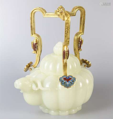 Gold Plated gilt teapot with white jade sheep head and Hetian jade seed