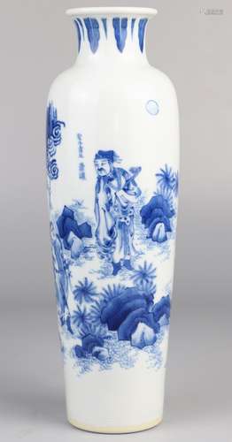 Blue and white vase with figure and flower patterns