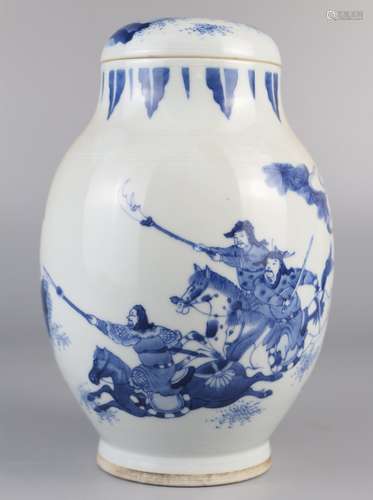 Lotus seed jar decorated with blue and white swords and horses