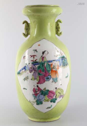 Apple green glaze famille rose double ear bottle