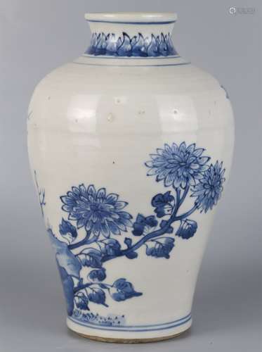 Plum vase with blue and white flowers and birds