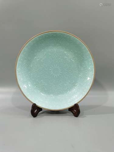 Sky blue glaze dark carved flower decorative plate