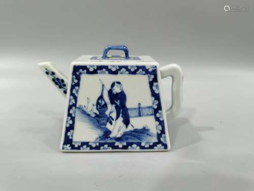 Square teapot decorated with blue and white figures