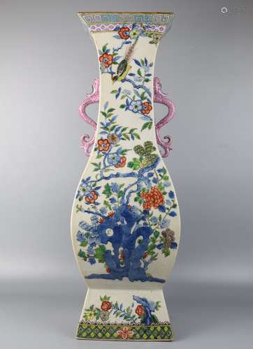 Large bottle with two ears decorated with flower and bird pattern