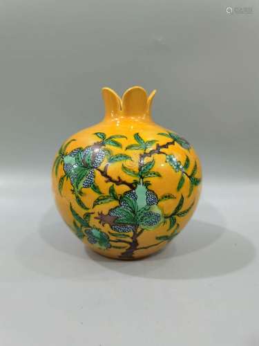 Yellow glaze dark carved dragon pattern pink pomegranate Zun