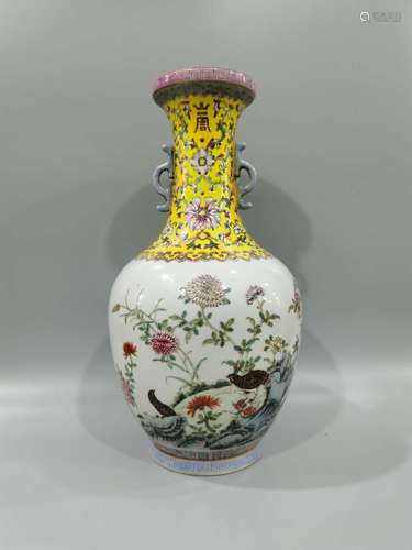 Yellow glaze famille rose vase with flower and bird patterns