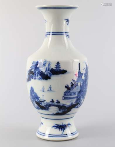 Blue and white vase with landscape pattern