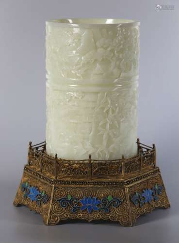 Hetian jade seed material white jade carving landscape design pen holder with copper gilt inlaid treasure base