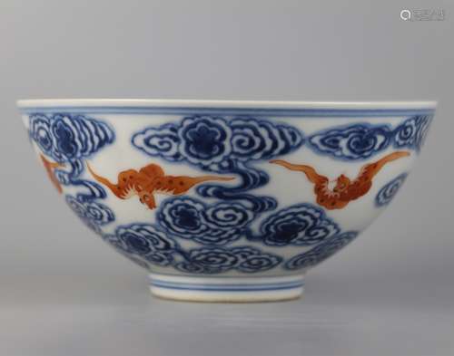 Bowl with blue and white alum and red cloud