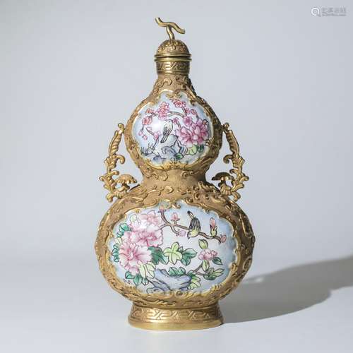 Enamelled Gourd Shaped Gold Vase