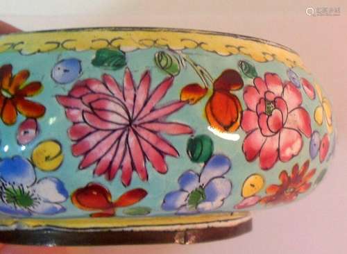 Antique Vtg QING Chinese Pin Dish Trinket Bowl ENAMEL on Copper Flowers