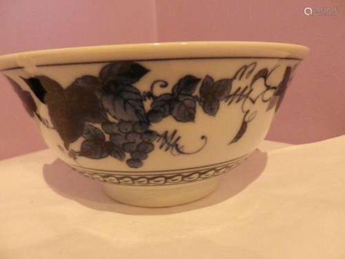 FAB JAPANESE PORCELAIN BLUE & WHITE LEAVES & GRAPES DES BOWL 15 CMS DIA SIGNED