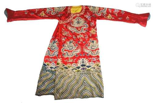 Chinese Qing Dynasty Embroidered Red Silk Dragon Imperial Court Robe Rare 19th C