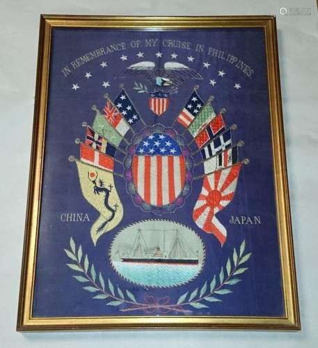 Antique 1900 Silk Embroidered Souvenir My Cruise to the Philippines Japan China