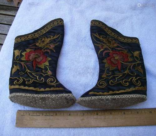 PAIR Antique CHINESE SILK CHILD'S BOOTS-Finely Embroidered-NR