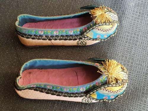 Antique Chinese shoes embroidery textile  14 cm