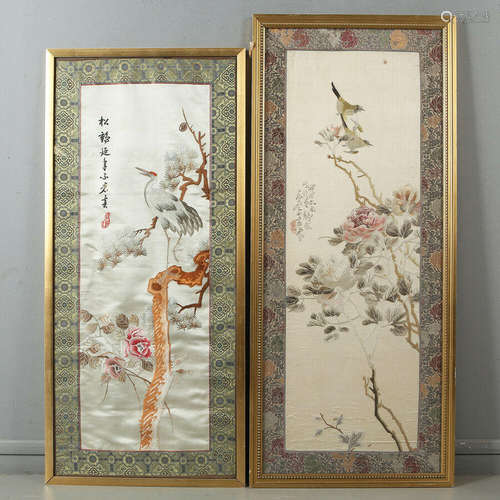 ANTIQUE CHINESE EMBROIDERY HANGING PANEL CALLIGRAPHY BIRD TREE SILK